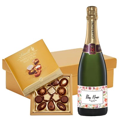 Personalised Champagne - Art Border Label And Lindt Swiss Chocolates Hamper